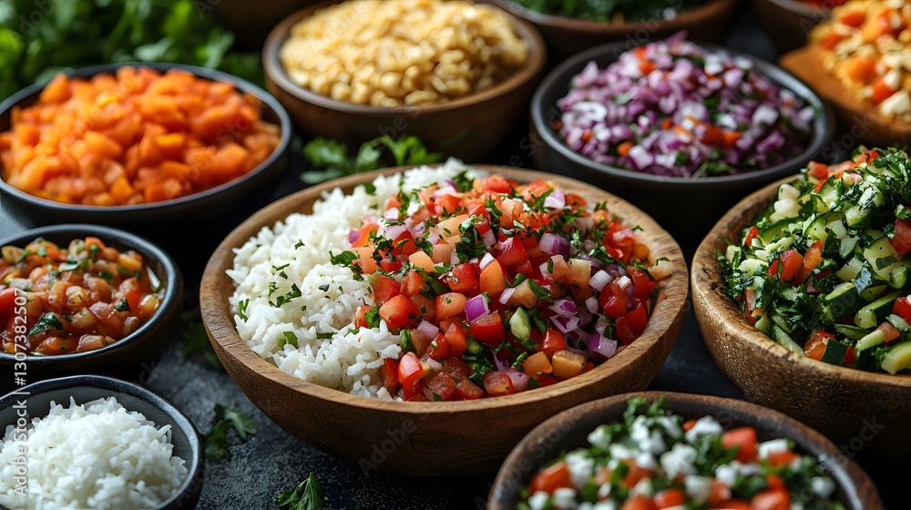 An Exquisite Presentation of Home Cooked Vegetable Rice Surrounded by Fresh Garnishes and Flavorful Side Dishes An Exquisite Presentation of Home Cooked Vegetable Rice Surrounded by Fresh Garnishes and Flavorful Side Dishes