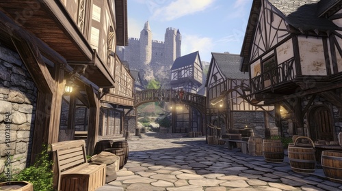 A medieval fantasy village with timber-framed houses, cobblestone streets, and a grand castle under a bright sky. Ideal for historical fiction, fantasy storytelling, and RPG world-building