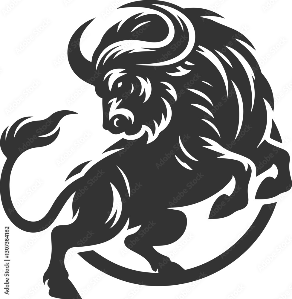 Fototapeta premium A buffalo twisting its body aggressively and turning to face an enemy animal vector silhouette