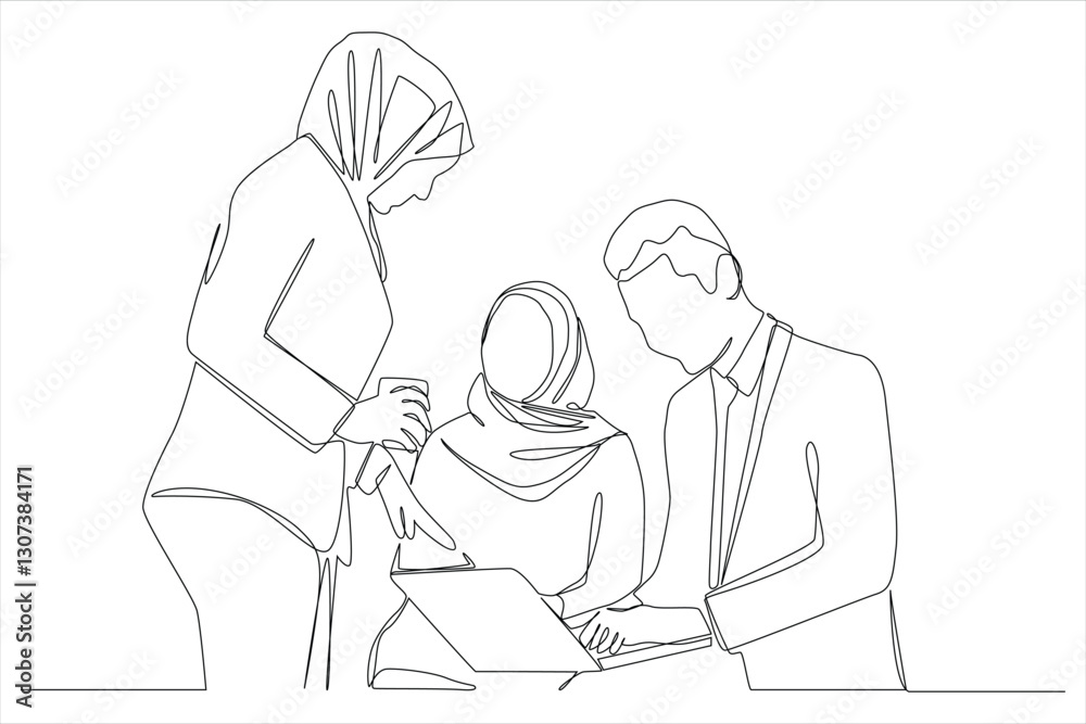 One continuous line drawing of young Muslim businesspeople discussing agreement project together, Islamic clothing hijab, scarf, keffiyeh. One continuous line drawing of young Muslim businesspeople discussing agreement project together, Islamic clothing hijab, scarf, keffiyeh.