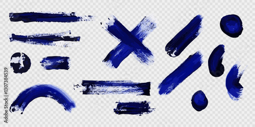 Blue brushstroke symbols set with cross, lines, dots, and curves. Watercolor vector illustration isolated on transparent background. Design for poster, banner, card.
