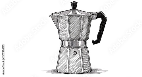 Sketch of a Moka pot, vintage Italian coffee maker, detailed line drawing, black and white illustration, cross-hatching technique, kitchen appliance, classic design, stovetop espresso maker, hexagonal