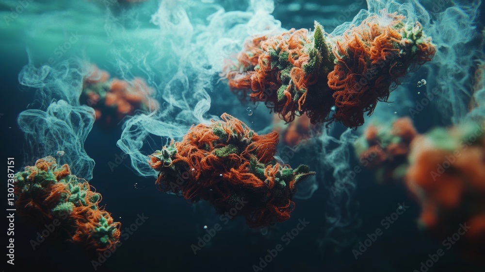 Naklejka premium Macro Still Life of Dreamy Abstract Haze with Trichome-Rich Cannabis Buds on a Teal Background