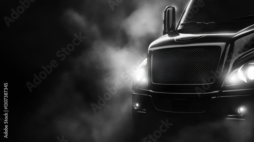 Dark Truck Headlights in Foggy Night