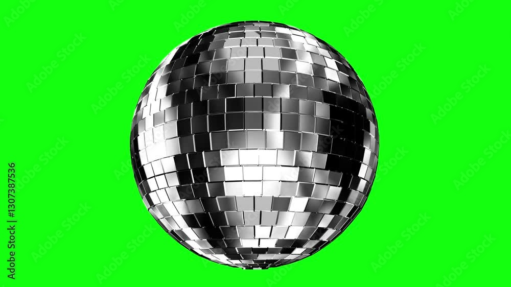 Disco ball metallic color spinning on green screen. 3d render disco ball retro mirrorball motion.