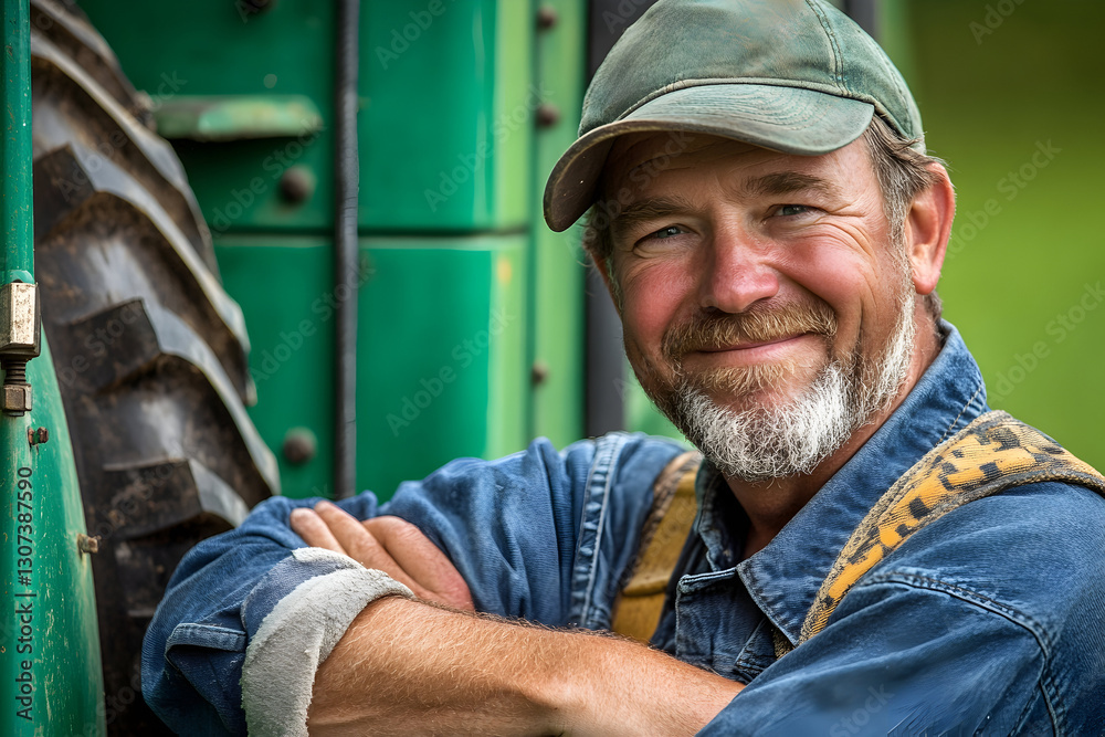 Happy farmer in overalls standing next to tractor on green farmland Happy farmer in overalls standing next to tractor on green farmland