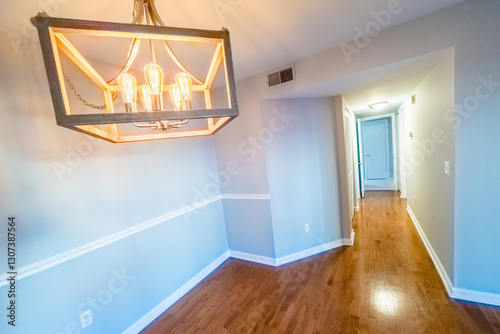 interior of a house with gold dining room light fixture