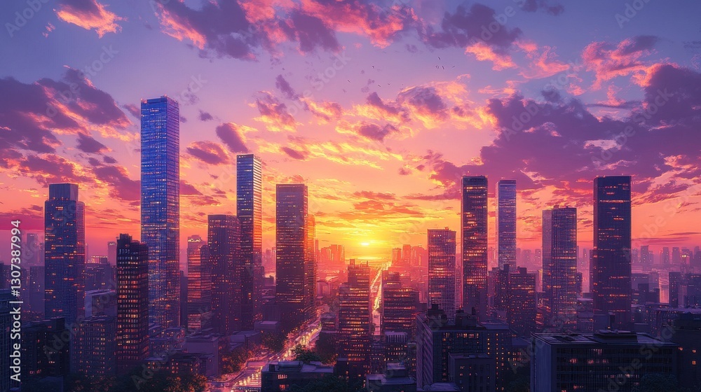 Obraz premium A vibrant city skyline at sunset, showcasing tall skyscrapers illuminated by warm hues of orange and purple in the sky.