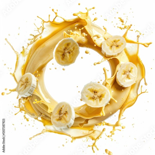 Vibrant Circular Splash of Smoothie with Fresh Banana Slices in Dynamic Composition