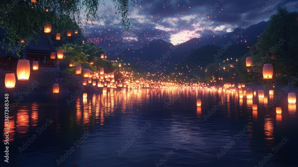 Floating lanterns on a serene river at dusk, reflecting on the water, with a village in the background Floating lanterns on a serene river at dusk, reflecting on the water, with a village in the background