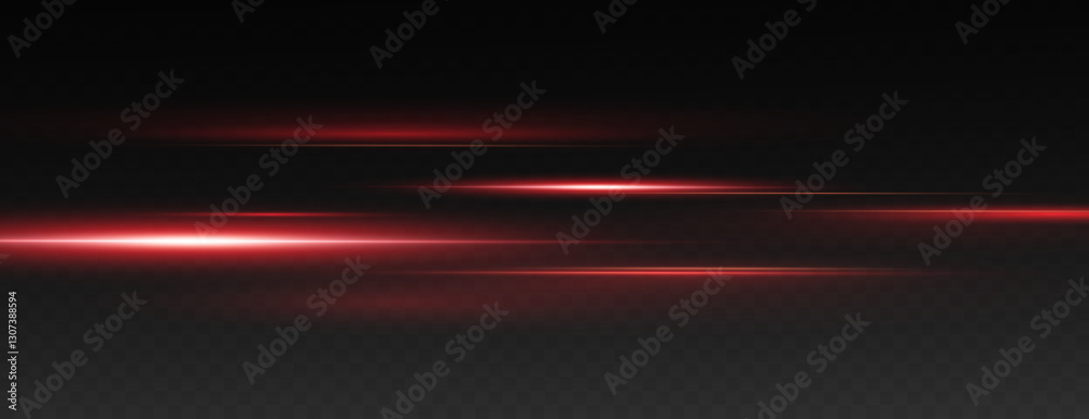 Obraz premium Set of realistic suns. Vector illustration of red color, abstract laser speed lines. Glare, horizontal light rays png. Glowing linear background.