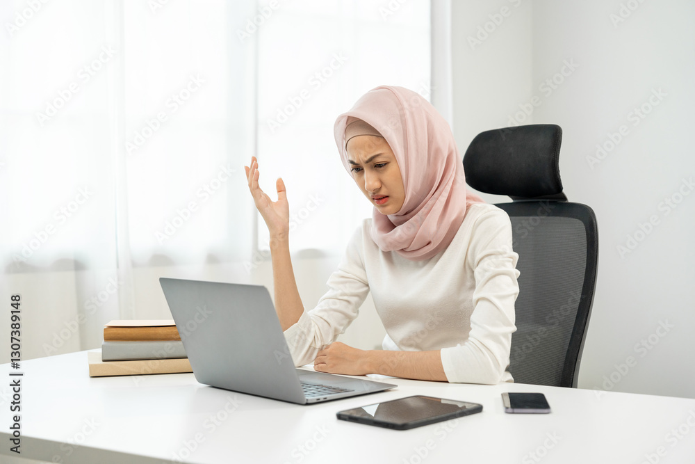 Stressed asian muslim business woman working in the office hands on head feeling headache. Tired islamic muslim woman looking at laptop working hard sitting in the room office. Overtime concept Stressed asian muslim business woman working in the office hands on head feeling headache. Tired islamic muslim woman looking at laptop working hard sitting in the room office. Overtime concept