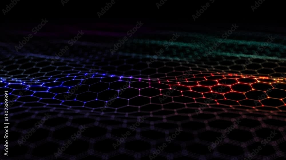 Abstract technology 3D rendering with colors hexagonal wireframe.  Grid in motion  with  dots and lines in dark digital cyberspace in  background. Wavy hexagonal mesh.
