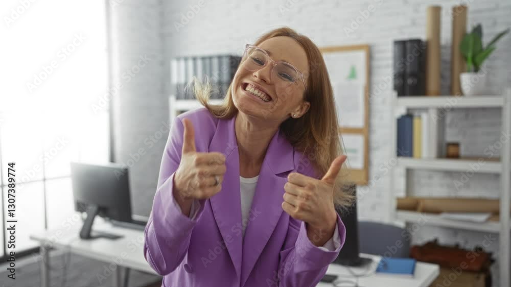 Woman smiling joyfully in a bright office wearing glasses and a purple blazer, expressing happiness with thumbs up, surrounded by modern interior and office equipment. Woman smiling joyfully in a bright office wearing glasses and a purple blazer, expressing happiness with thumbs up, surrounded by modern interior and office equipment.