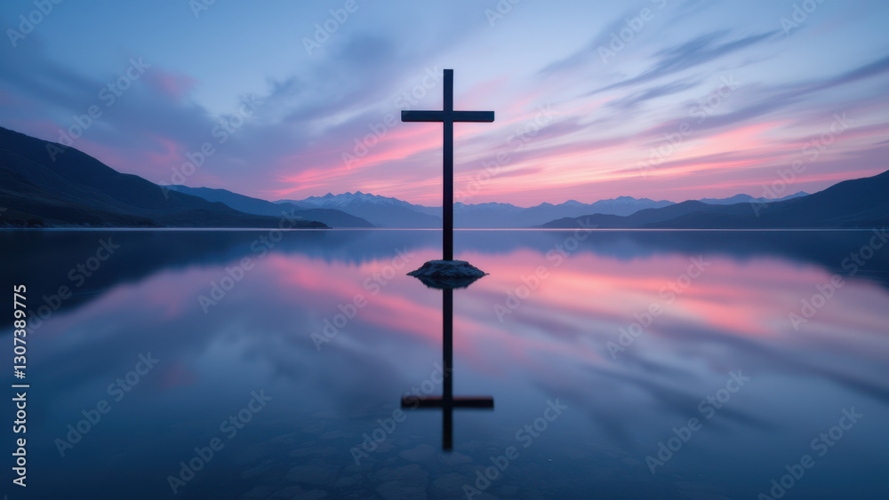 Naklejka premium Cross on water at sunset with reflection.