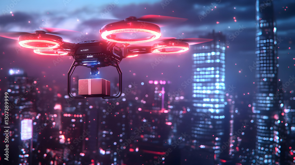 Obraz premium Delivery Drone at Night with Package over City Skyline