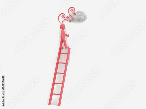 A 3D metal ladder climbs steps up into the cloud-filled sky, illustrating the concept of achieving business success photo