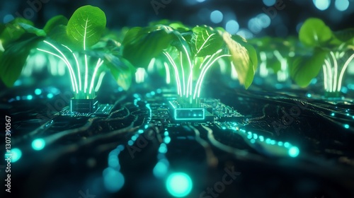 Neon circuit board merging seamlessly hydroponic plant root symbolizing AI powered agriculture Ultra detailed electronic texture hyper realistic microchip glow cinematic depth of field high fidelity photo