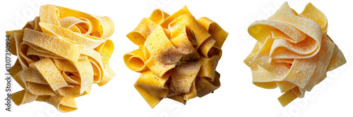 From a top-down perspective, a solitary mound of uncooked trofie pasta sits on a white backdrop