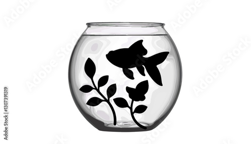 Goldfish swimming with aquatic plants in a clear fishbowl