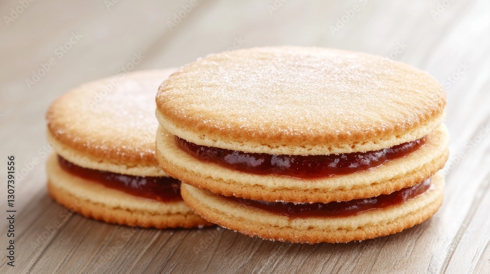 Jam cookies, two in number, on a wooden table with a bakery setting behind, suited for food photography and providing the recipe Jam cookies, two in number, on a wooden table with a bakery setting behind, suited for food photography and providing the recipe