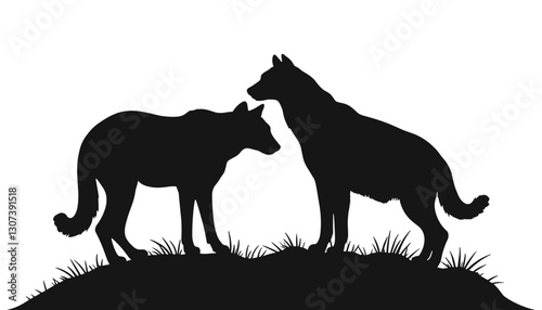 Silhouette of two dogs interacting on grassy hill