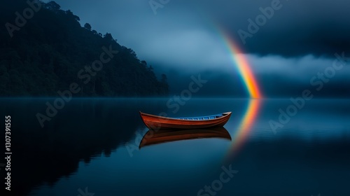 A rainbow arching over a simple ark floating on calm waters