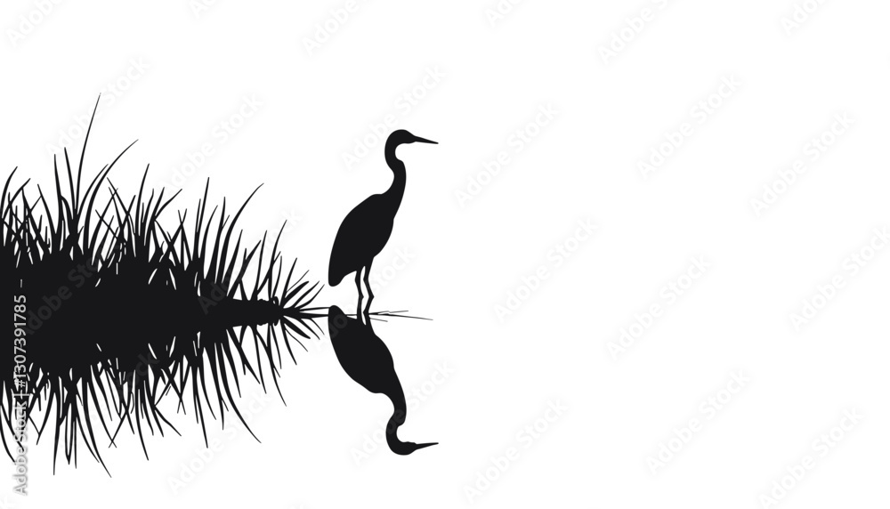 Silhouette of heron standing beside reflective water Silhouette of heron standing beside reflective water