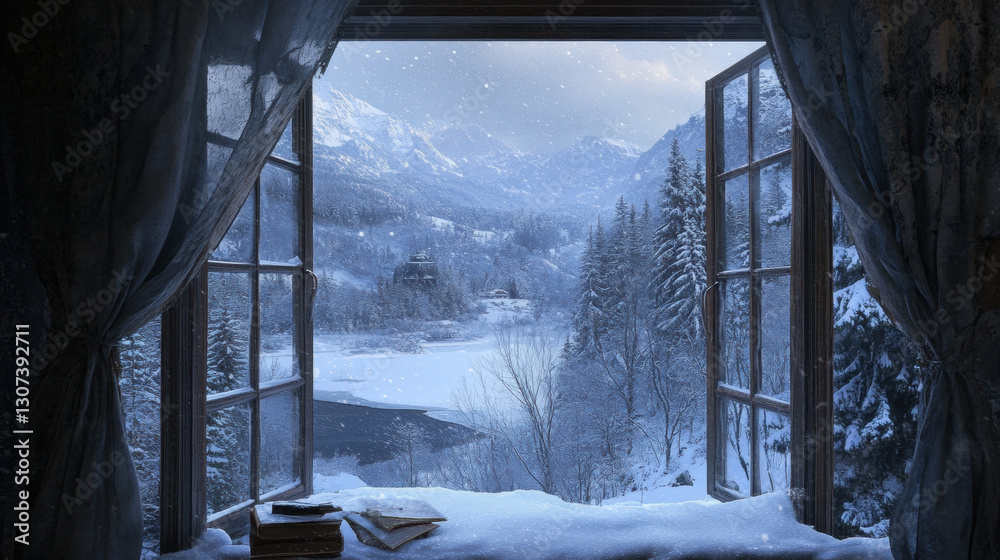 Fototapeta premium Snowy landscape through window scenery landscape interior inspiration backdrop wallpaper background