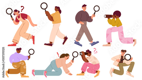 Person search. Investigate job, curious man or woman with glass in hand. Character research for business. Persons holding magnifying. Web elements. Vector cartoon flat isolated illustration set