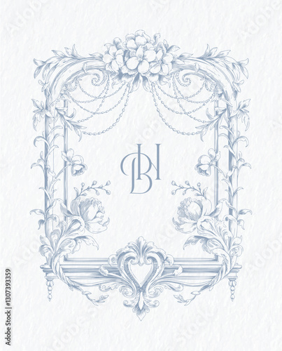 Vintage wedding crest, vintage-style floral border frame design. BH initial wedding monogram crest.