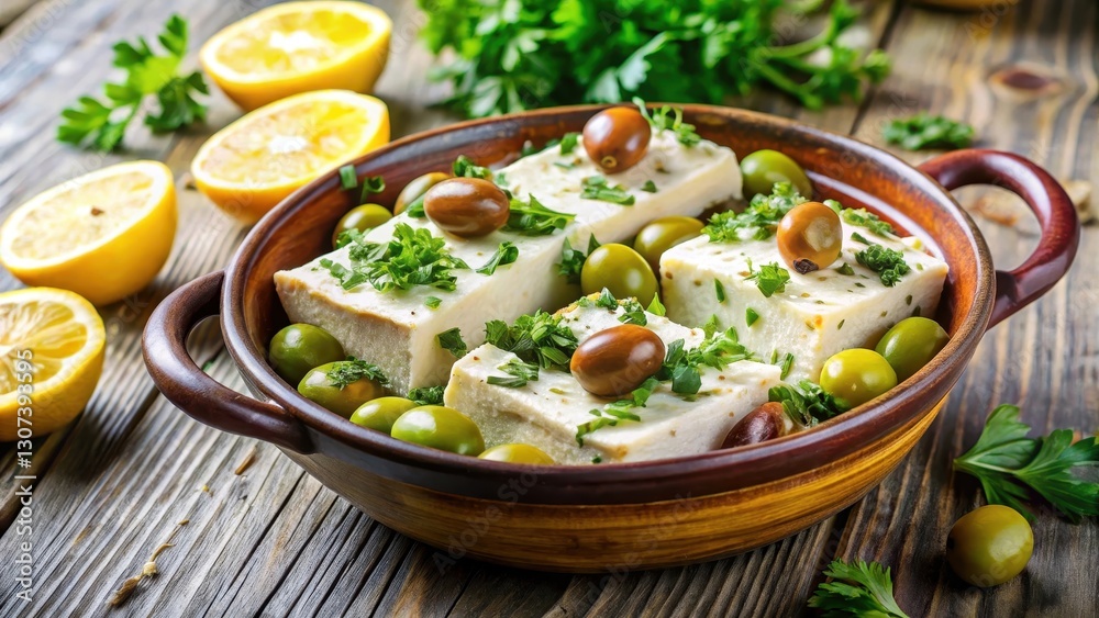 Colorful ceramic dish filled with crumbly baked feta cheese and juicy green olives, garnished with fresh parsley and lemon wedges, ceramic, table setting Colorful ceramic dish filled with crumbly baked feta cheese and juicy green olives, garnished with fresh parsley and lemon wedges, ceramic, table setting