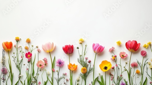 A border of dynamic spring flowers stands out against a white background, featuring a natural floral design