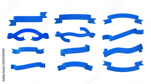 3d ribbon. Blue banner label, title flag or design band for sale sticker, badge of bookmark frames. Empty curved flags. Copy space for promotional text. Vector render isolated elements set