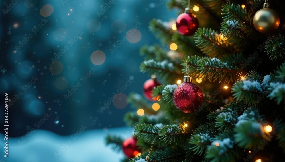 Sparkling lights on a towering evergreen tree, snowflakes, ornaments Sparkling lights on a towering evergreen tree, snowflakes, ornaments