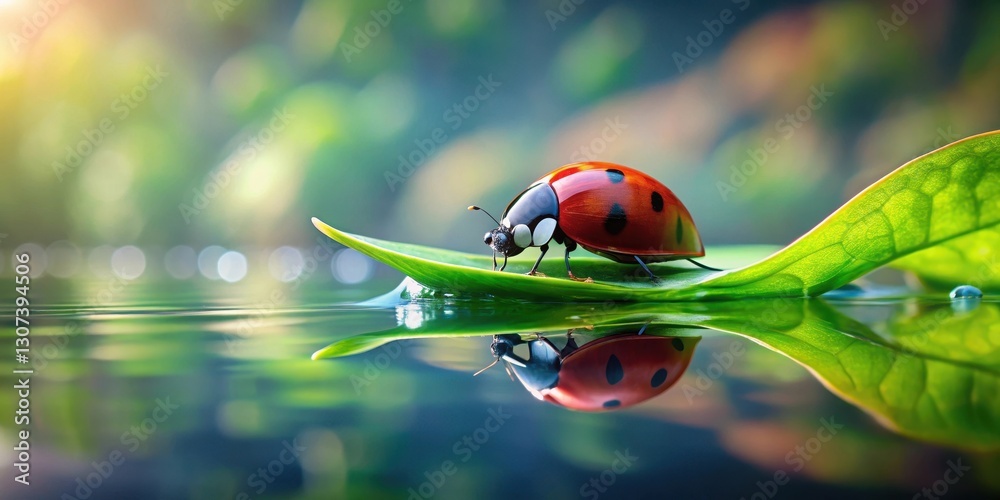 Obraz premium Ladybug sitting on a leaf floats on a serene water surface, its tiny body partially submerged as ripples disturb the glassy reflection , wildlife, insect