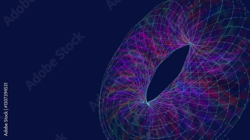 Abstract futuristic wireframe torus shape with grid on blue. Concept for technology and science.