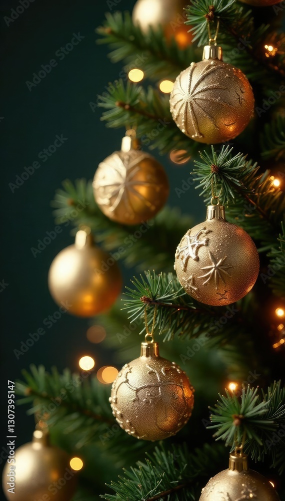 Fototapeta premium Sparkling gold Christmas tree with intricate snowflake ornaments, ornaments, winter wonderland, festive decor