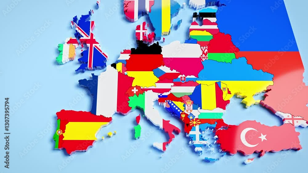 Europe and all its countries colored according to the respective flags on blue background. Camera panning up.