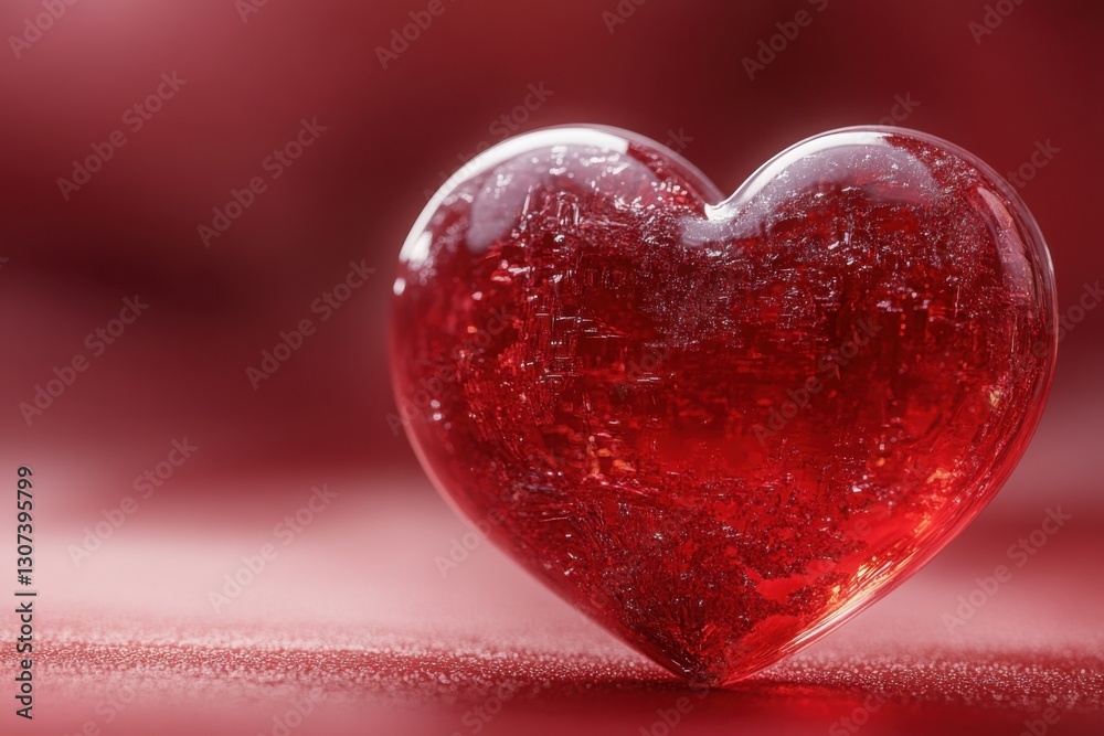 Obraz premium Crystal Heart A translucent shimmering heart shape sits against a scarlet backdrop glowing with reflected light