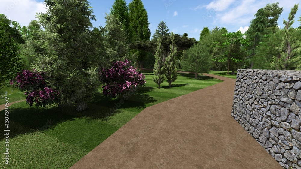 Fototapeta premium 3d image of the landscape design of the home territory. Landscaping of the territory. Computer visualization of composite landscaping and landscaping solutions.