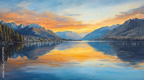 Serene lake sunrise reflecting mountains.