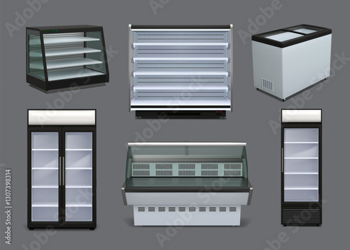 Supermarket freezer. Store shelf display. Empty open chiller. Showcase stand. Grocery market door. Merchandise presentation. 3D refrigerator. Shopping rack. Vector showing furniture set