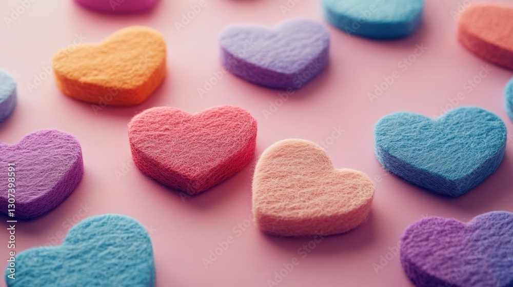 Obraz premium Close-up of multicolored felt hearts scattered on a pastel background, playful and inviting, artistic and cheerful
