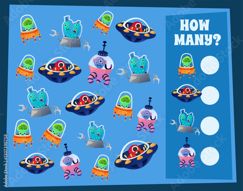 How many aliens with spacecrafts. Preschool kids worksheet. Workbook test. Sorting quiz. Children game. Cartoon space monsters. Find identical rockets. Vector educational puzzle design