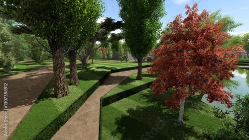 3d image of the landscape design of the home territory. Landscaping of the territory. Computer visualization of composite landscaping and landscaping solutions.