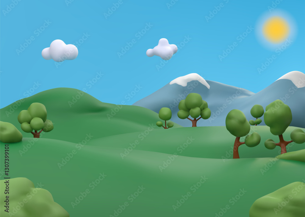 Fototapeta premium 3d park background. Sky with sun, green grass and tree land hill, nature garden clouds and forest. Spring mountain with snow. Countryside panorama. Isolated cartoon elements. Vector background