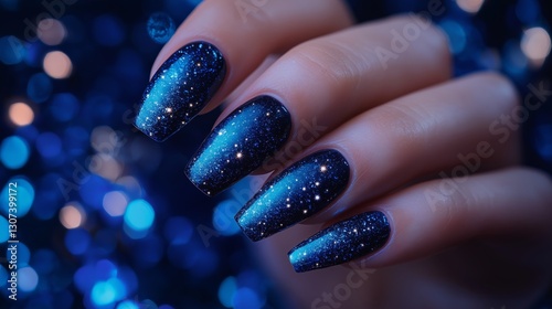 Sparkling blue galaxy nail art design with shimmering effects