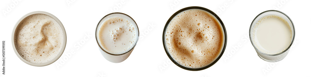A top-down view of a glass of milk with bubbles, isolated on a white background A top-down view of a glass of milk with bubbles, isolated on a white background