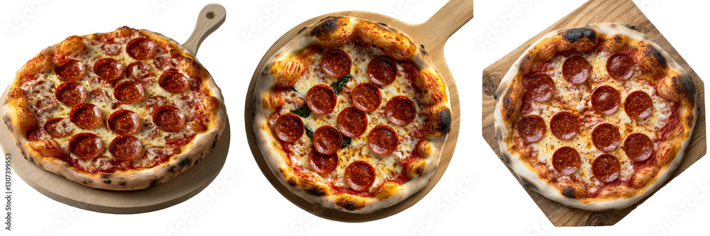 Fototapeta premium A mouth-watering New York-Style Pepperoni Pizza is displayed on a classic peel, photographed in a food photography style and standing out against a clean white background